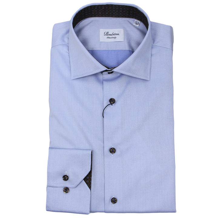 Blue Twill Fitted Body Shirt w/ Brown Floral Contrast - Stenströms