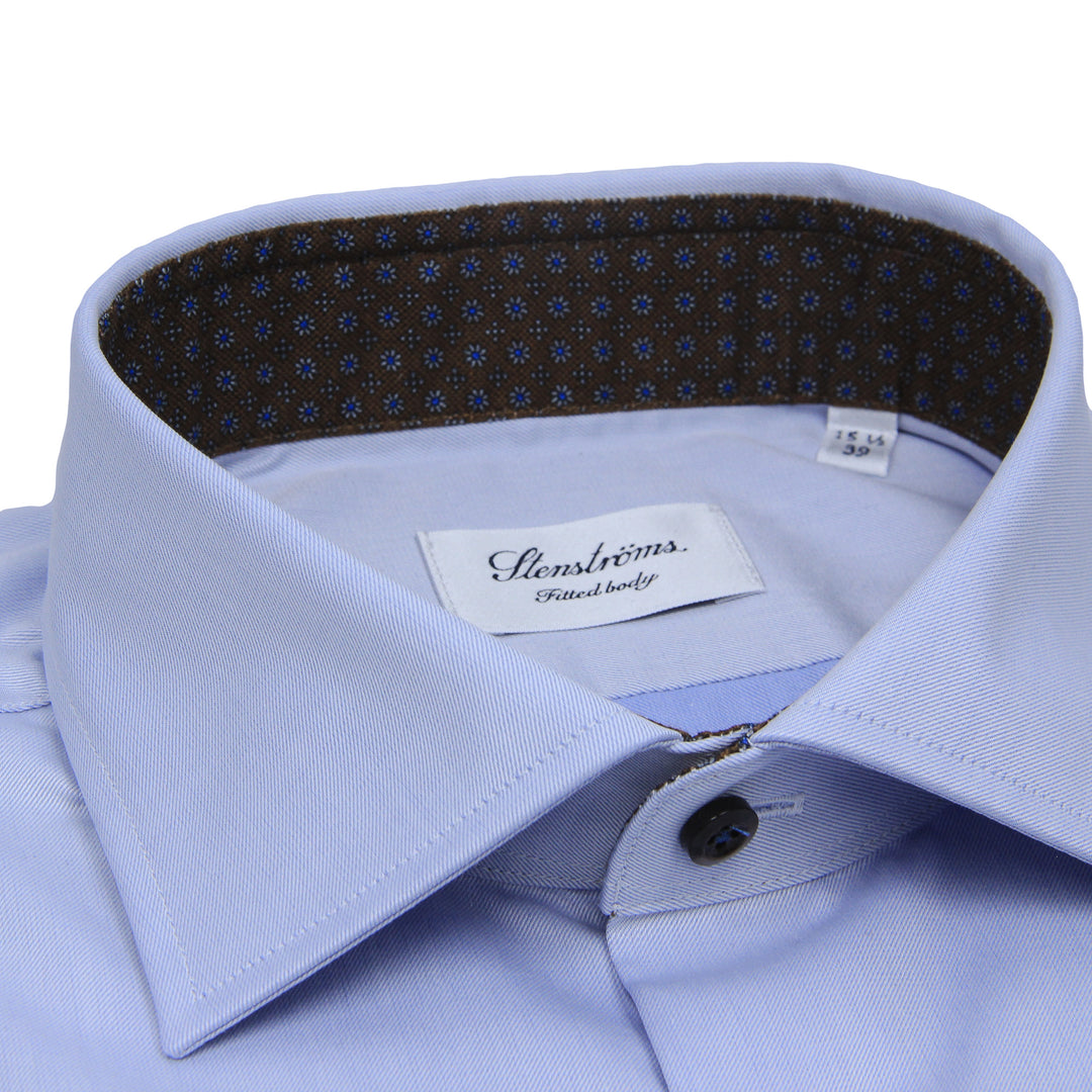 Blue Twill Fitted Body Shirt w/ Brown Floral Contrast - Stenströms