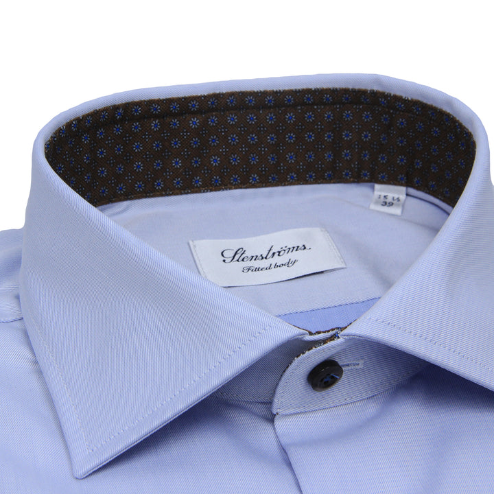 Blue Twill Fitted Body Shirt w/ Brown Floral Contrast - Stenströms