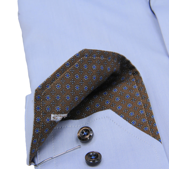 Blue Twill Fitted Body Shirt w/ Brown Floral Contrast - Stenströms