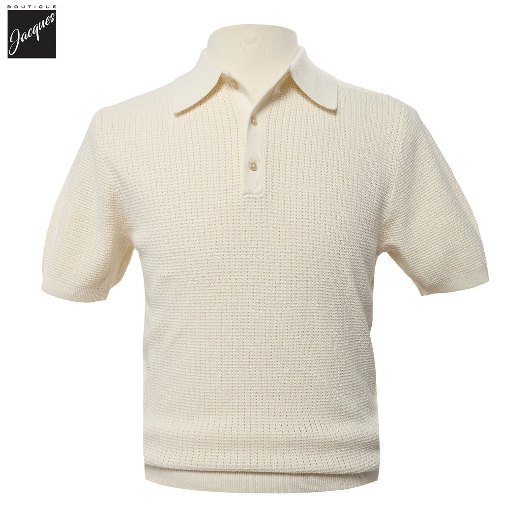 Off-White Cotton-Hemp Knitted Crochet Polo Shirt - Stenströms - Boutique Jacques International