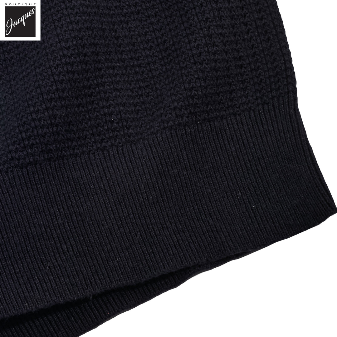 Navy Blue Cotton-Hemp Knitted Crochet Polo Shirt - Stenströms - Boutique Jacques International