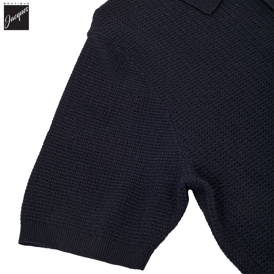 Navy Blue Cotton-Hemp Knitted Crochet Polo Shirt - Stenströms - Boutique Jacques International