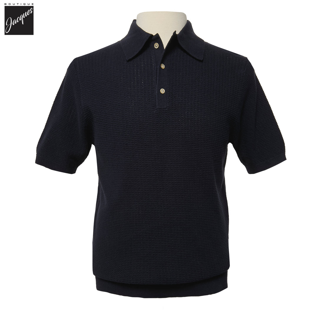 Navy Blue Cotton-Hemp Knitted Crochet Polo Shirt - Stenströms - Boutique Jacques International