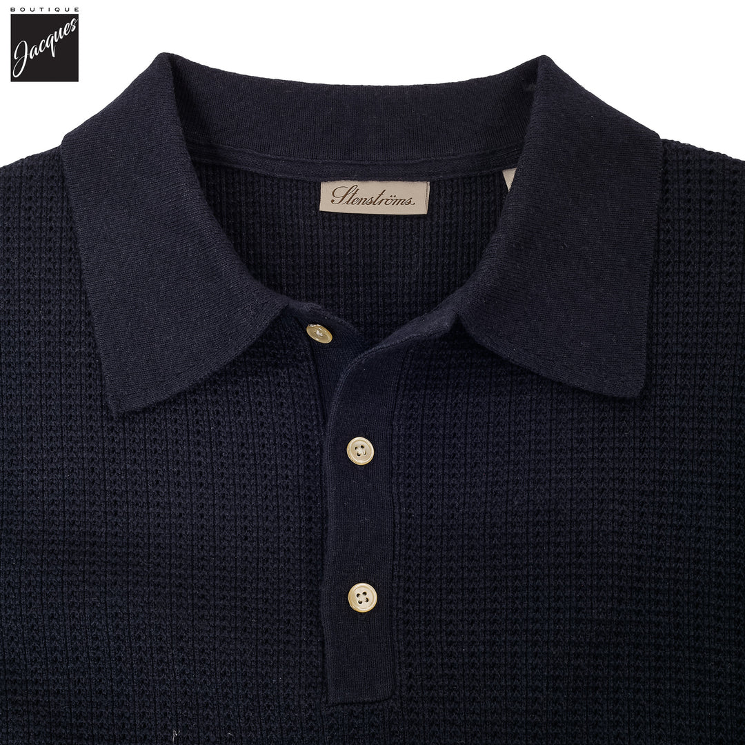 Navy Blue Cotton-Hemp Knitted Crochet Polo Shirt - Stenströms - Boutique Jacques International