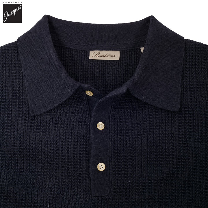 Navy Blue Cotton-Hemp Knitted Crochet Polo Shirt - Stenströms - Boutique Jacques International