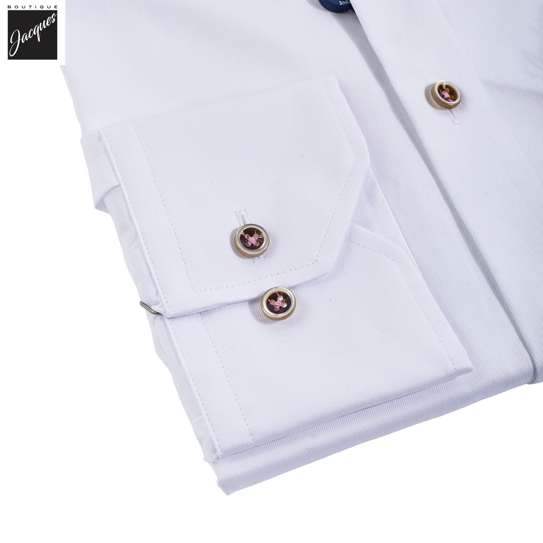 White Twill Slimline Dress Shirt with Burgundy Buttons - Stenströms - Boutique Jacques International
