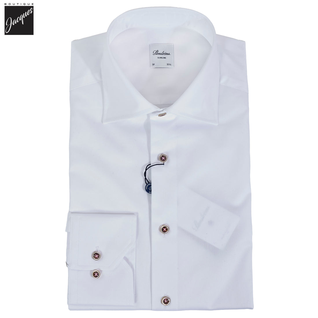 White Twill Slimline Dress Shirt with Burgundy Buttons - Stenströms - Boutique Jacques International