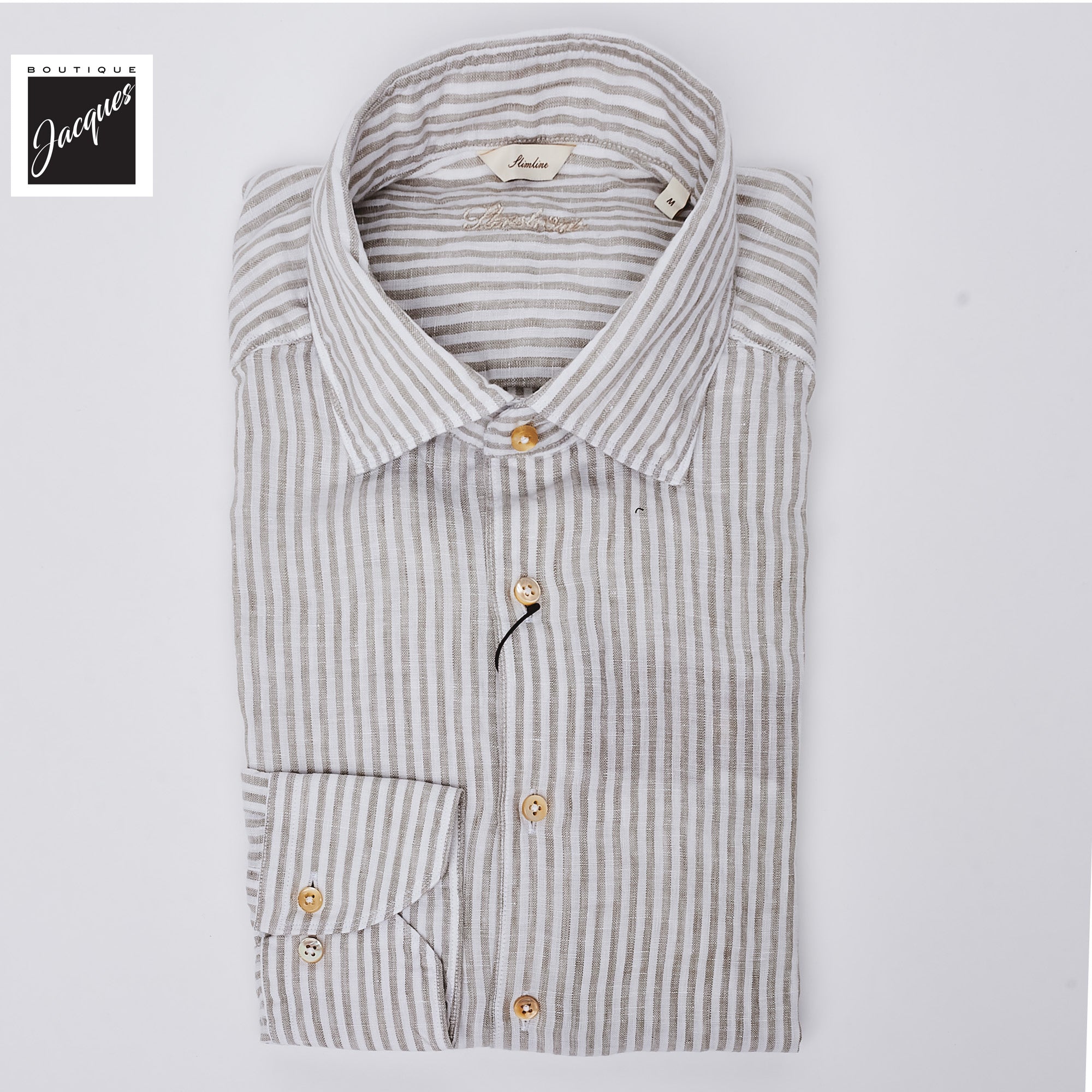 Gray Striped Linen Casual Slimline Shirt - Stenströms