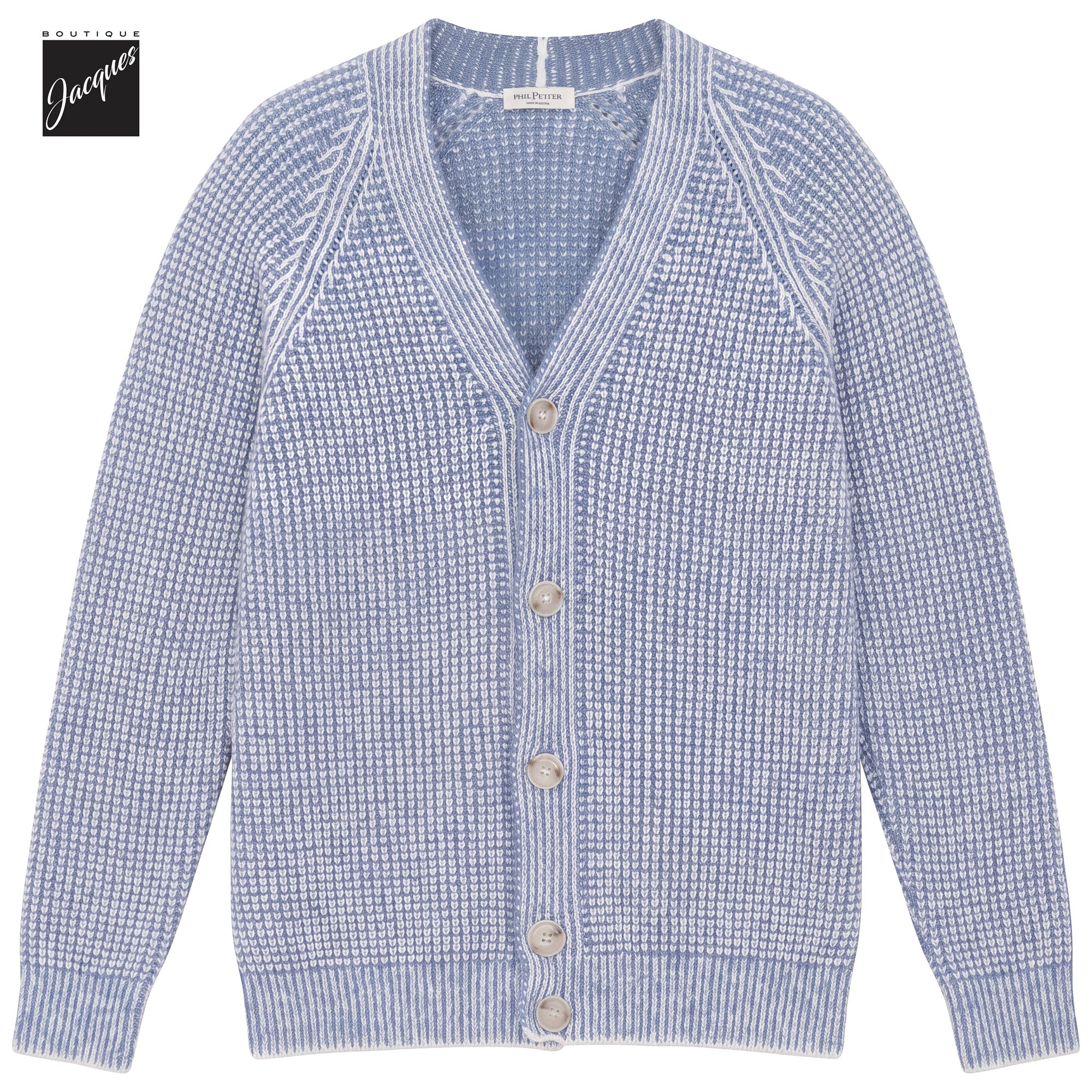 Baby Blue Two-Tone Royal Stitch Merino Wool Cardigan - Phil Petter - Boutique Jacques International