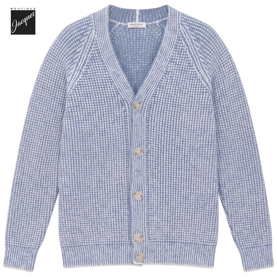 Baby Blue Two-Tone Royal Stitch Merino Wool Cardigan - Phil Petter - Boutique Jacques International