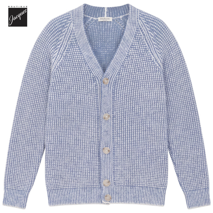 Baby Blue Two-Tone Royal Stitch Merino Wool Cardigan - Phil Petter