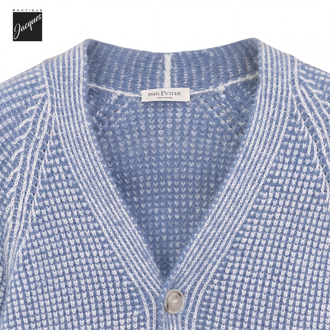 Baby Blue Two-Tone Royal Stitch Merino Wool Cardigan - Phil Petter