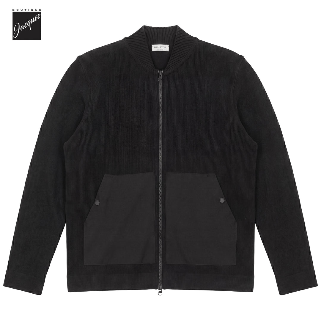 Blue/Black Merino Wool Baseball Collar Full Zip Sweater - Phil Petter