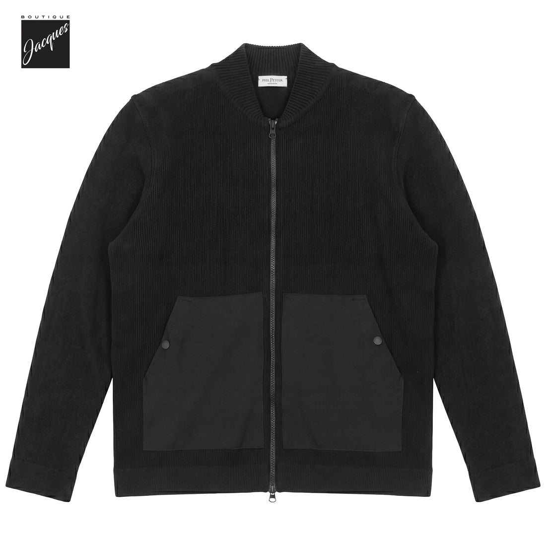Blue/Black Merino Wool Baseball Collar Full Zip Sweater - Phil Petter - Boutique Jacques International