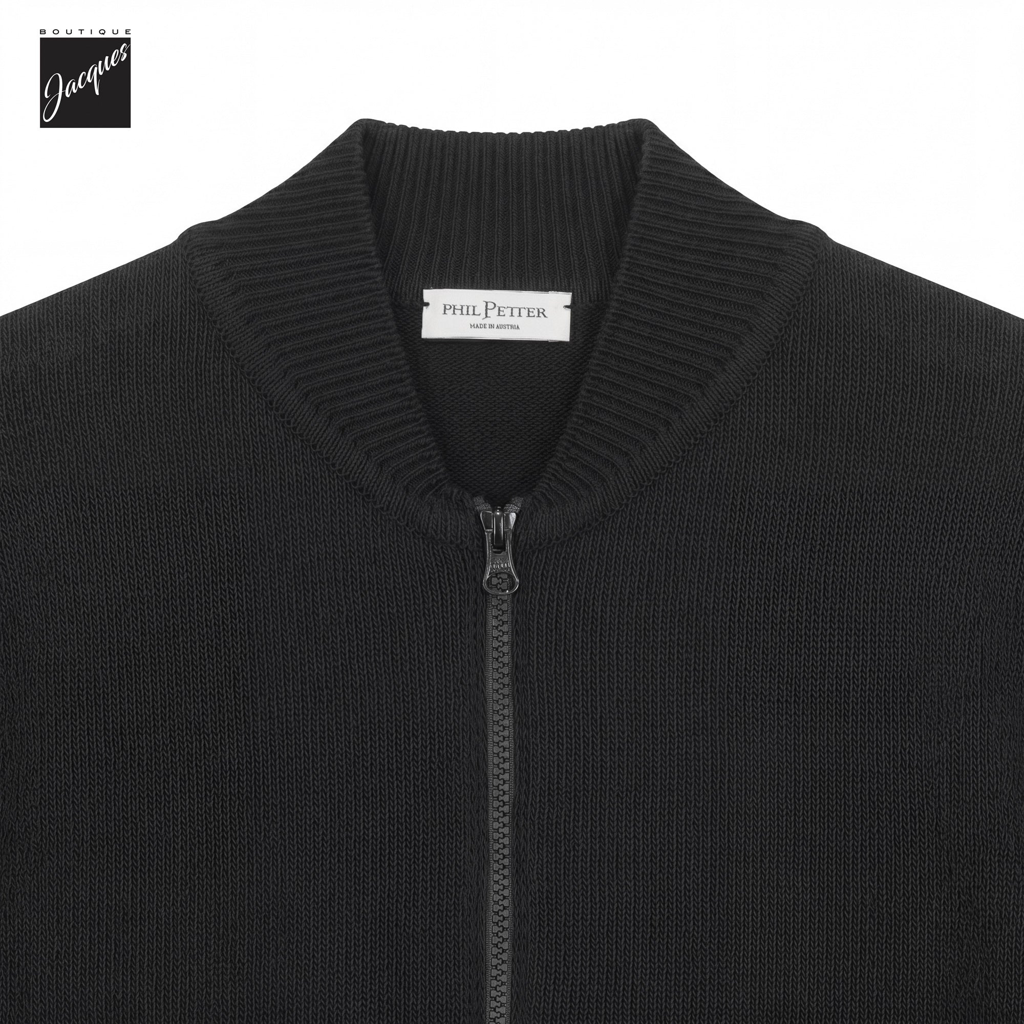Blue/Black Merino Wool Baseball Collar Full Zip Sweater - Phil Petter - Boutique Jacques International