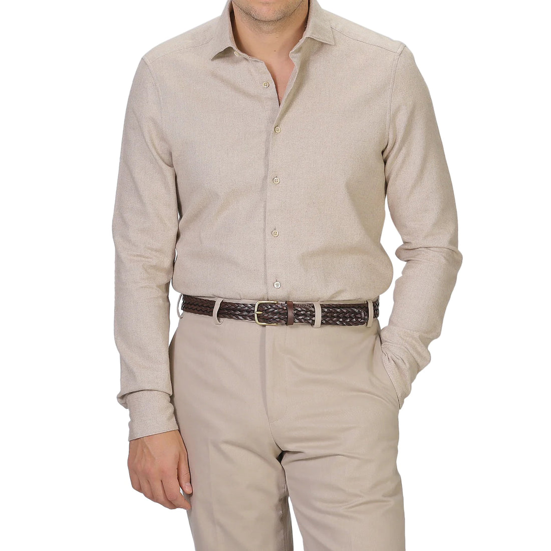 Beige Fitted Body Shirt In Luxury Flannel - Stenströms - Boutique Jacques International