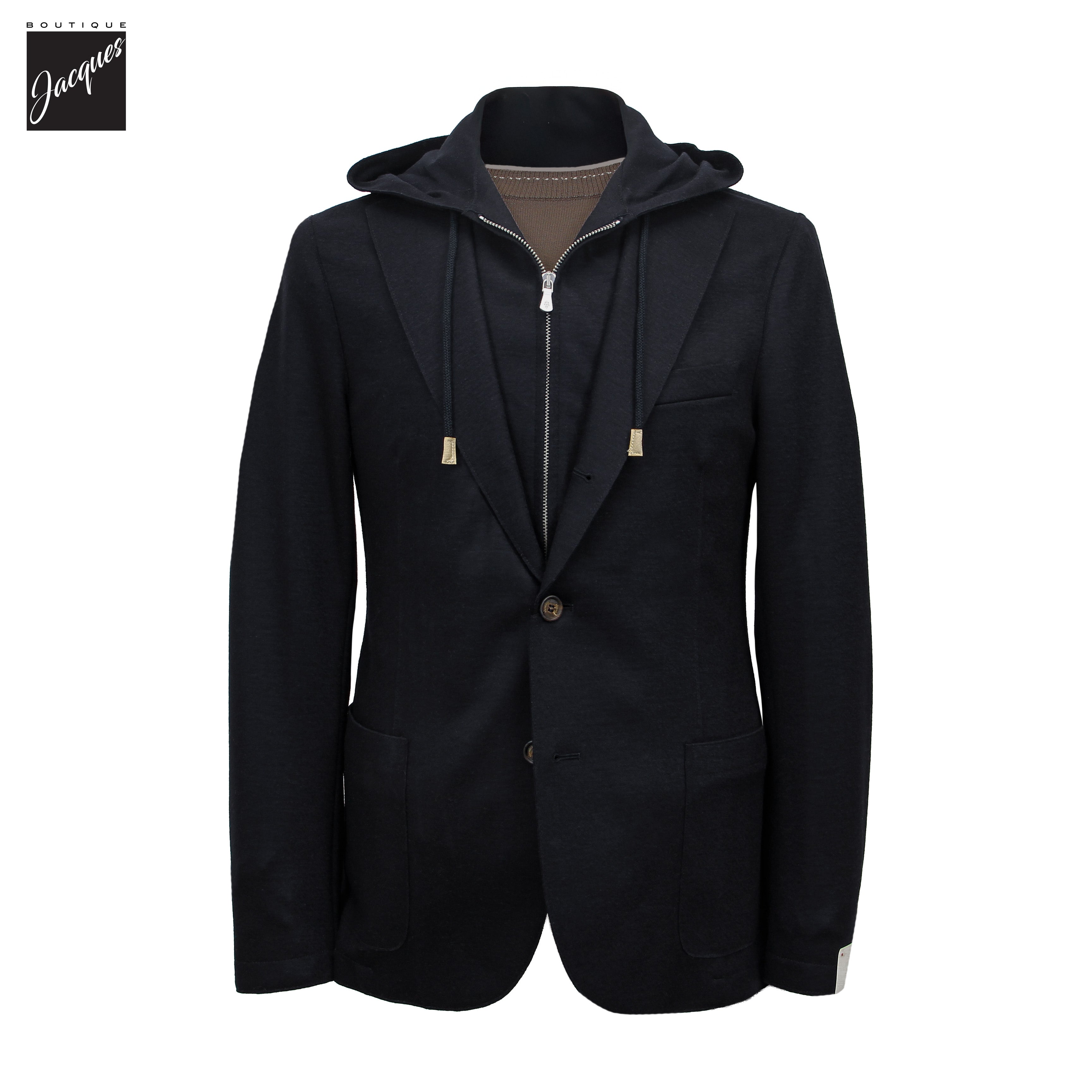 Navy Blue Wool-Stretch Hooded Sport Jacket - ELEVENTY