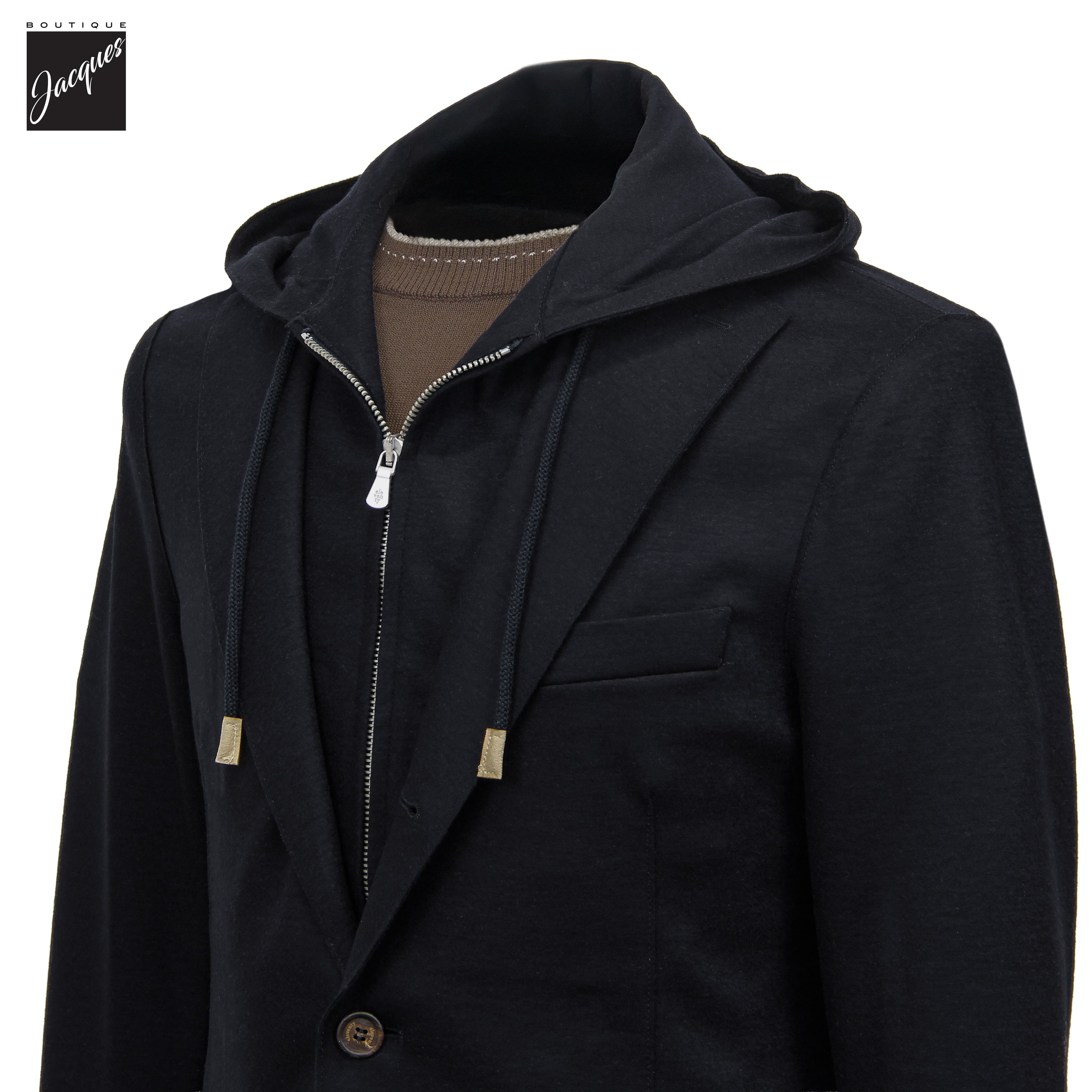 Navy Blue Wool-Stretch Hooded Sport Jacket - ELEVENTY