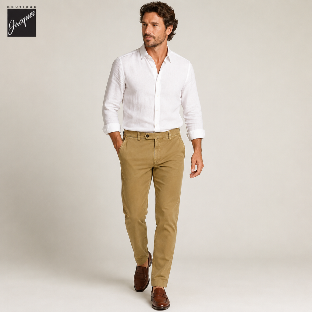 Caramel Tan Cotton-Stretch Denim Negroni Wide Fit Chino Trousers