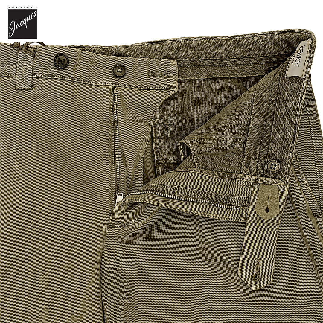 Olive Khaki Cotton-Stretch Denim Negroni Wide Fit Chino Trousers - Berwich