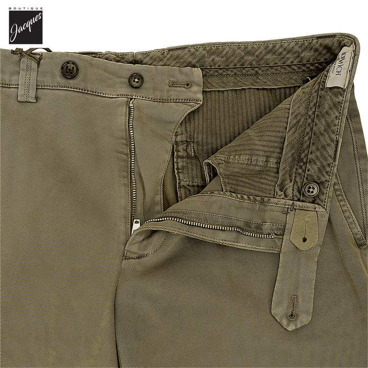 Olive Khaki Cotton-Stretch Denim Negroni Wide Fit Chino Trousers - Berwich