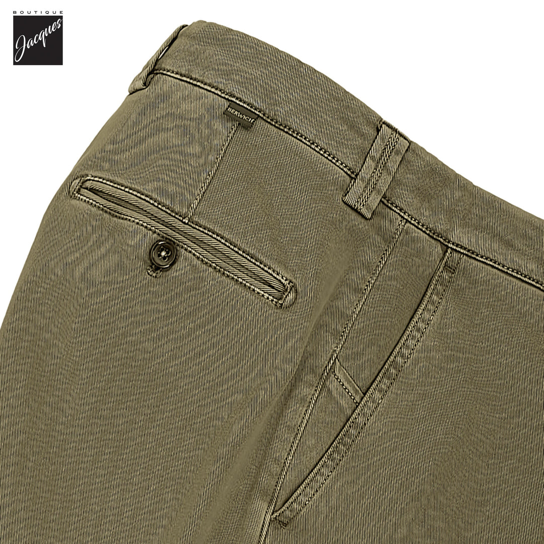 Olive Khaki Cotton-Stretch Denim Negroni Wide Fit Chino Trousers - Berwich