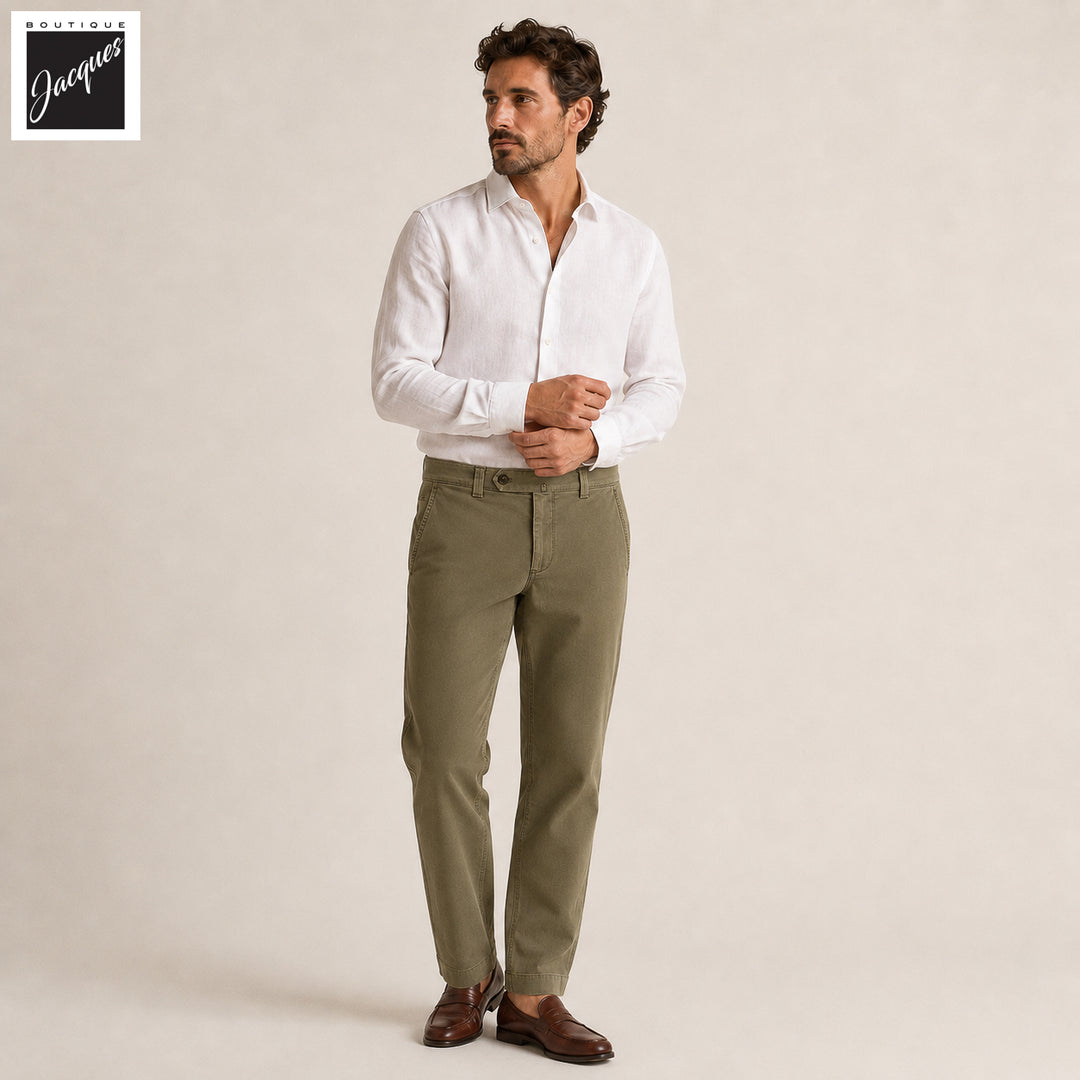Olive Khaki Cotton-Stretch Denim Negroni Wide Fit Chino Trousers - Berwich