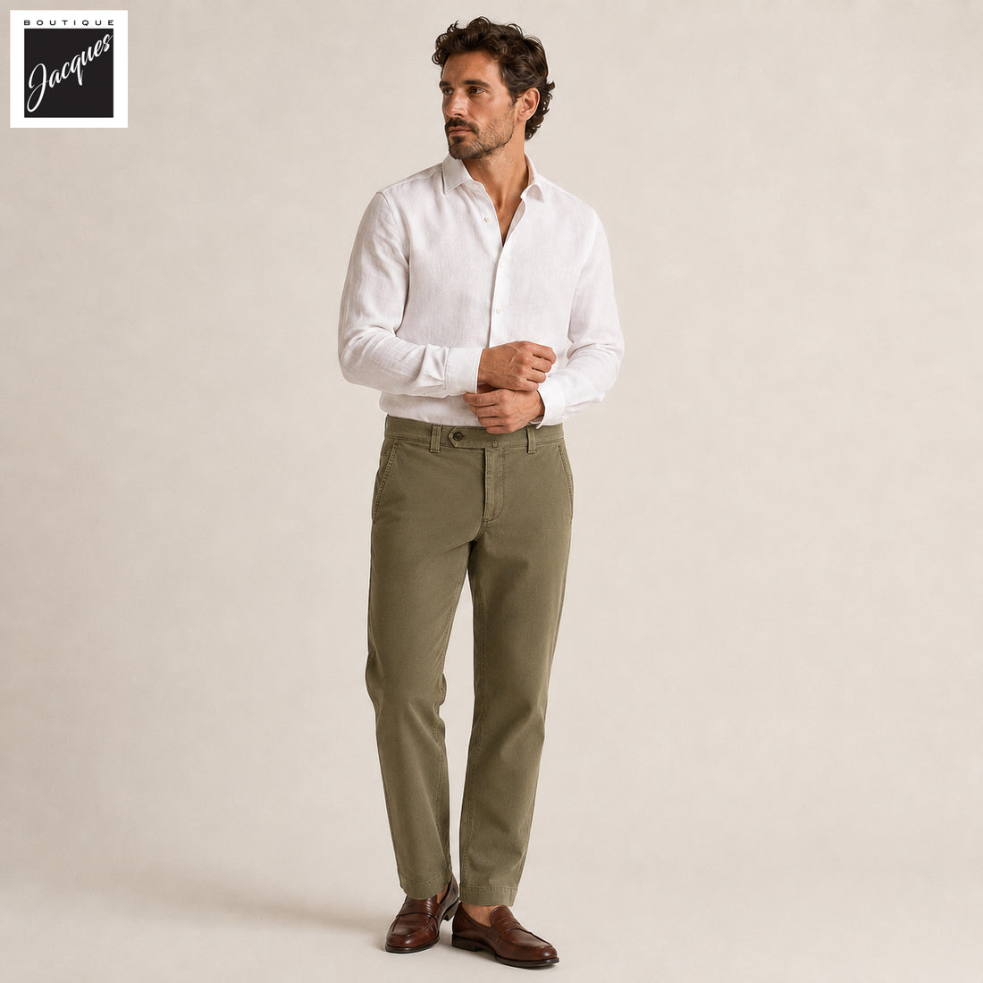 Olive Khaki Cotton-Stretch Denim Negroni Wide Fit Chino Trousers - Berwich