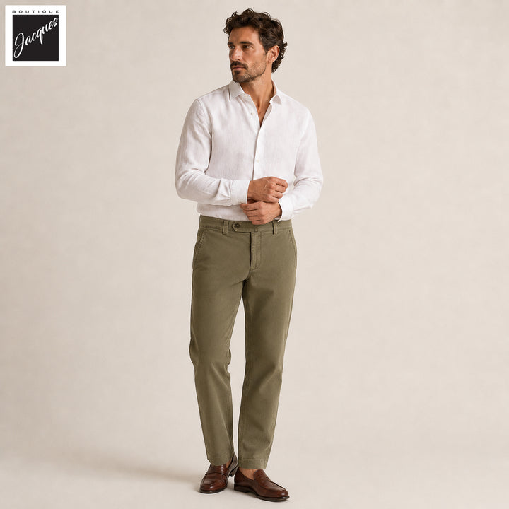 Olive Khaki Cotton-Stretch Denim Negroni Wide Fit Chino Trousers - Berwich