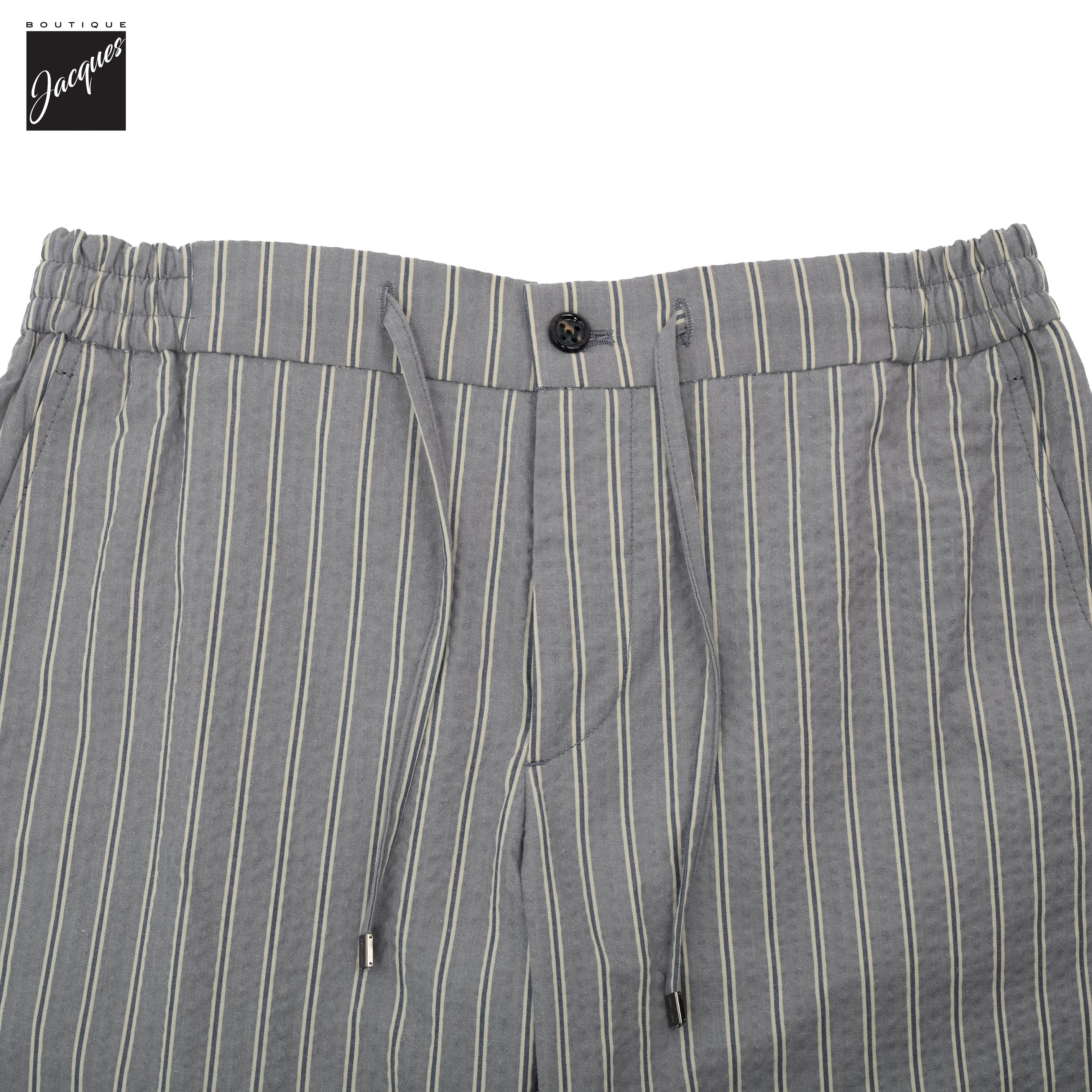 Gray Striped Seersucker Cotton Bermuda Shorts with Drawstrings - Berwich