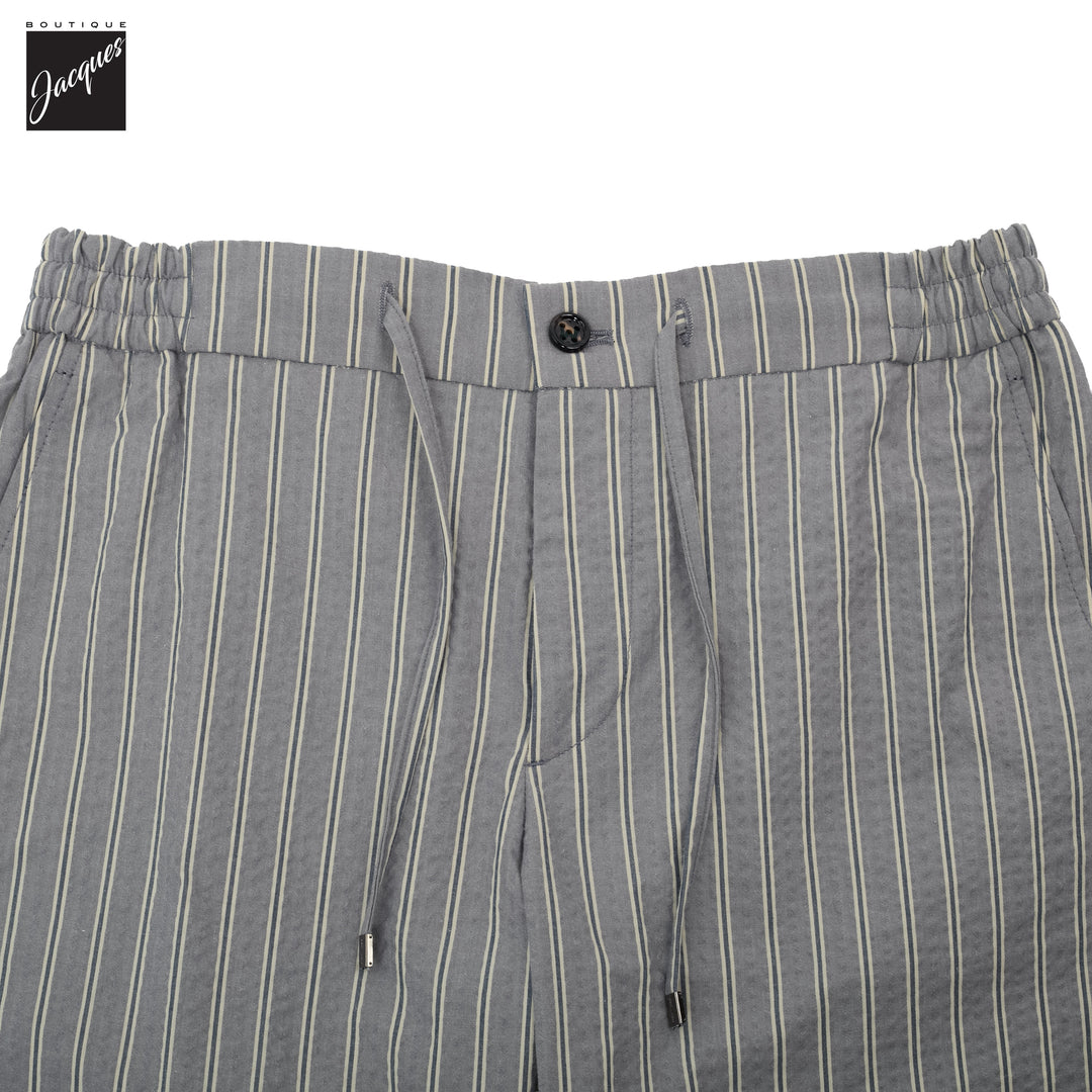 Gray Striped Seersucker Cotton Bermuda Shorts with Drawstrings - Berwich