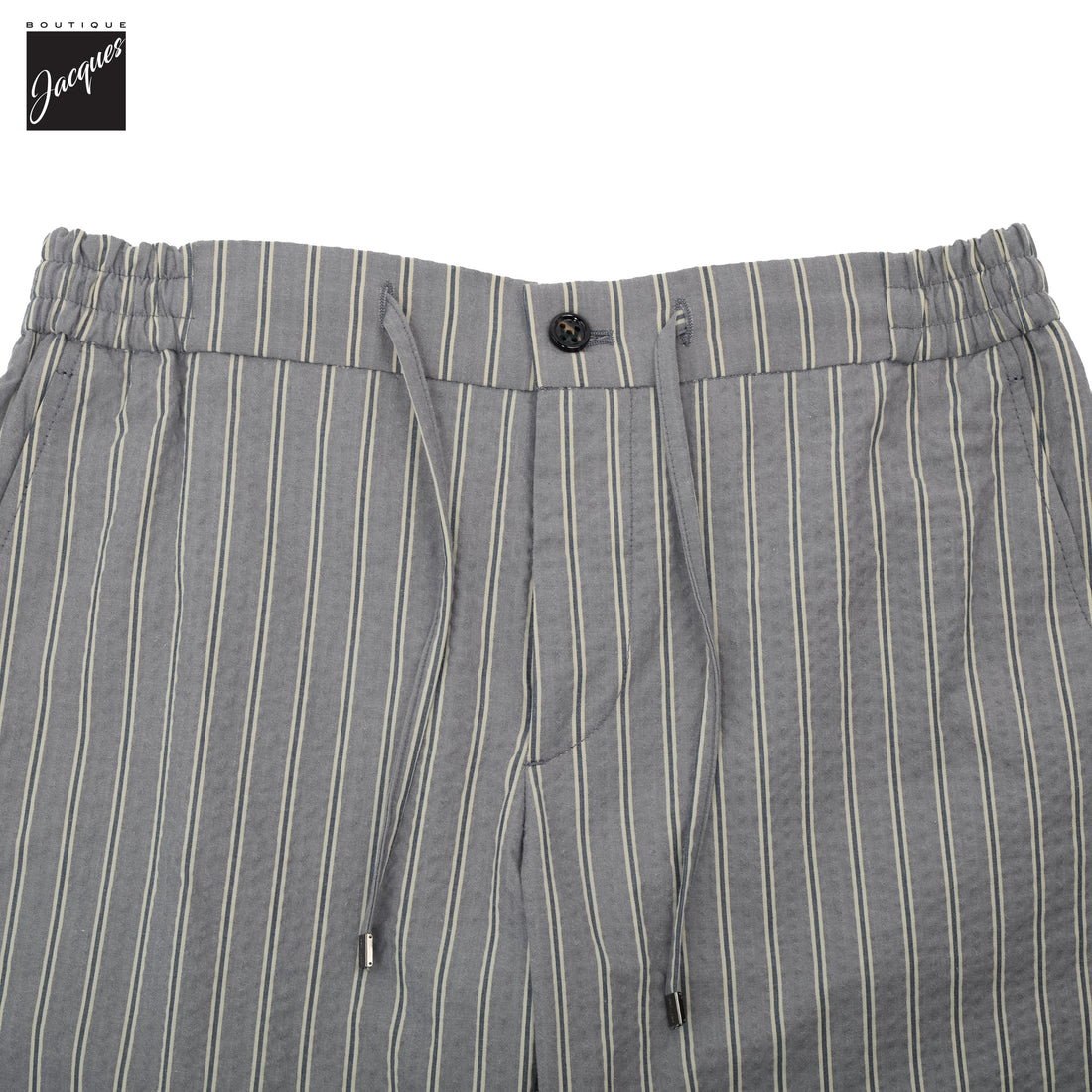 Gray Striped Seersucker Cotton Bermuda Shorts with Drawstrings - Berwich