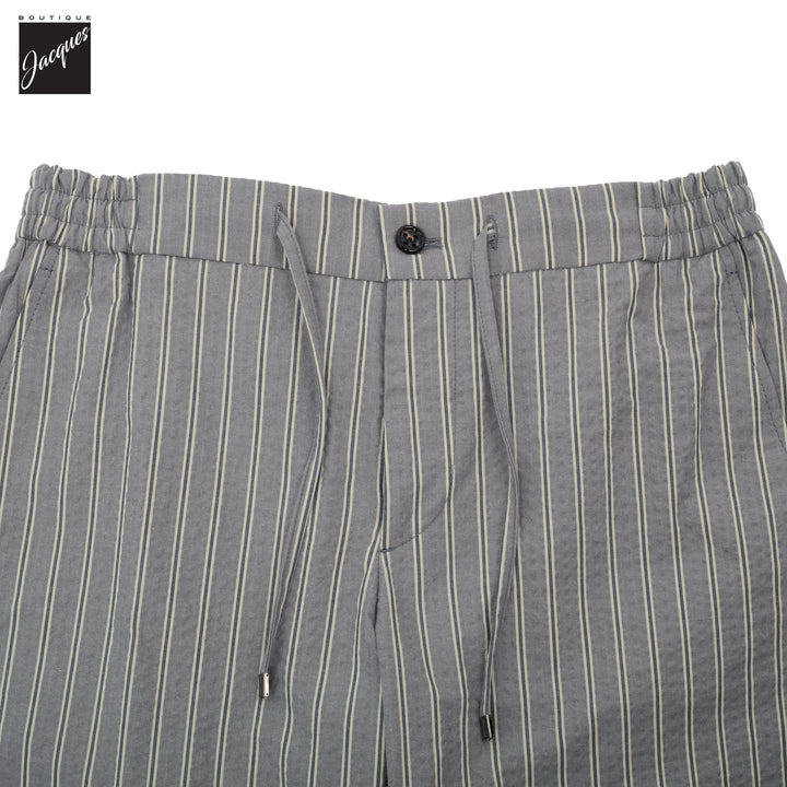 Gray Striped Seersucker Cotton Bermuda Shorts with Drawstrings - Berwich