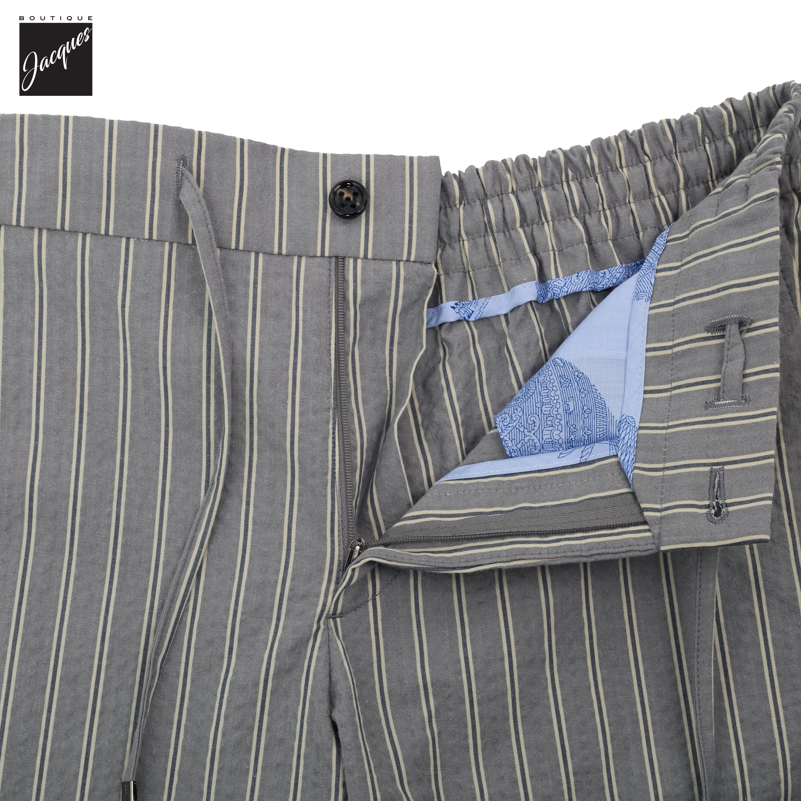 Gray Striped Seersucker Cotton Bermuda Shorts with Drawstrings - Berwich