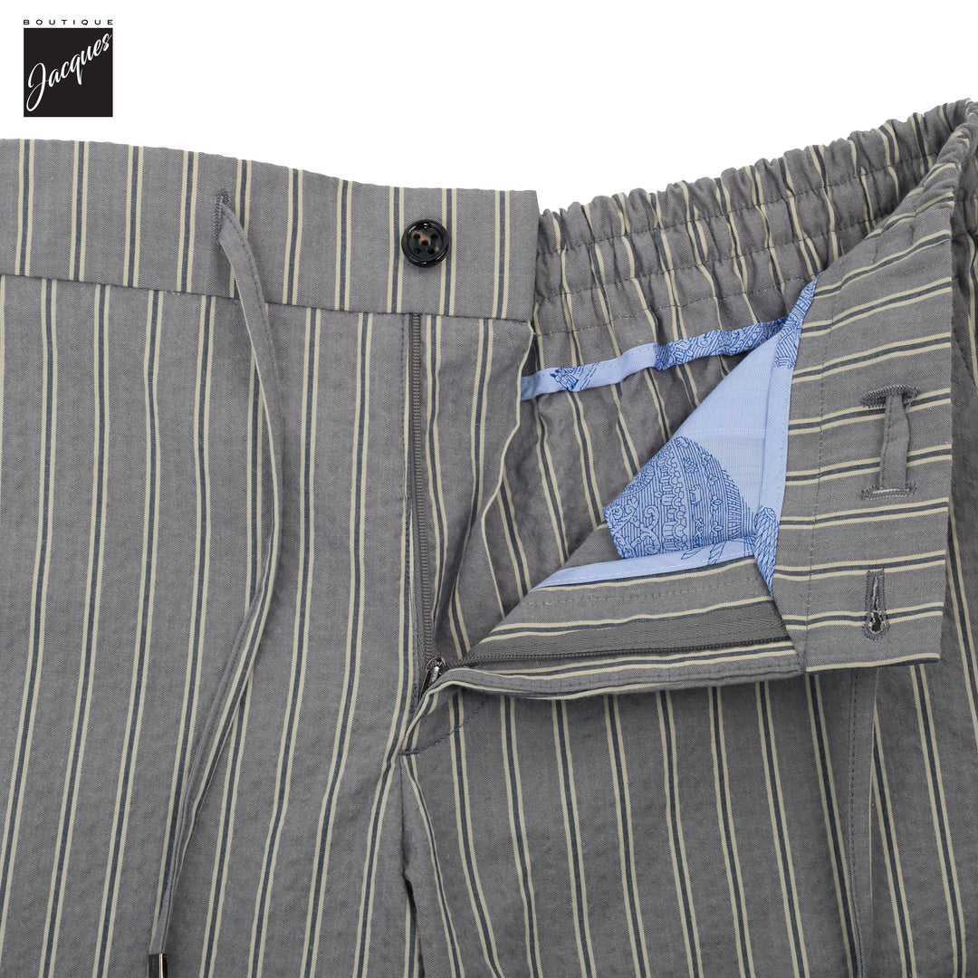 Gray Striped Seersucker Cotton Bermuda Shorts with Drawstrings - Berwich
