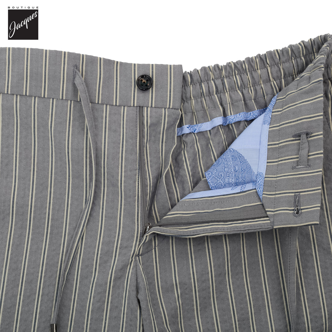 Gray Striped Seersucker Cotton Bermuda Shorts with Drawstrings - Berwich
