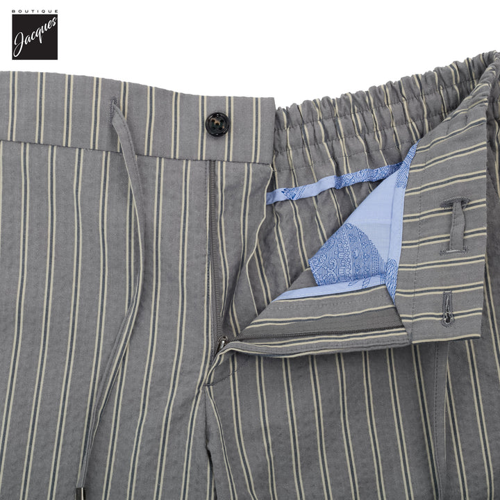 Gray Striped Seersucker Cotton Bermuda Shorts with Drawstrings - Berwich