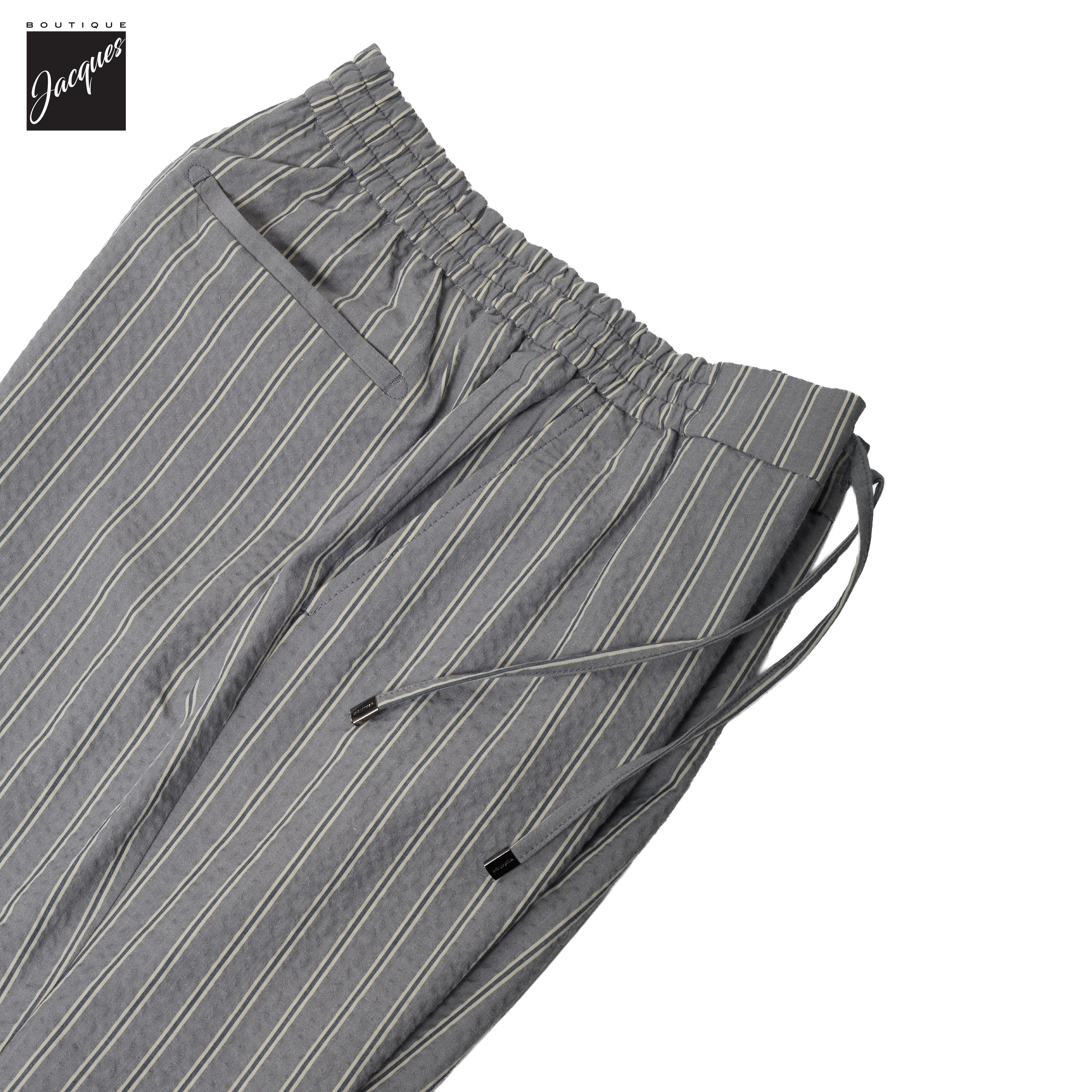 Gray Striped Seersucker Cotton Bermuda Shorts with Drawstrings - Berwich