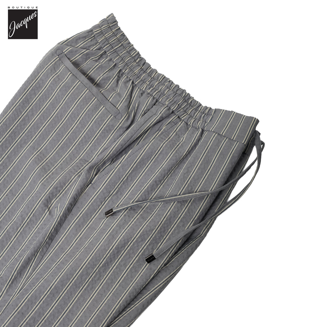 Gray Striped Seersucker Cotton Bermuda Shorts with Drawstrings - Berwich