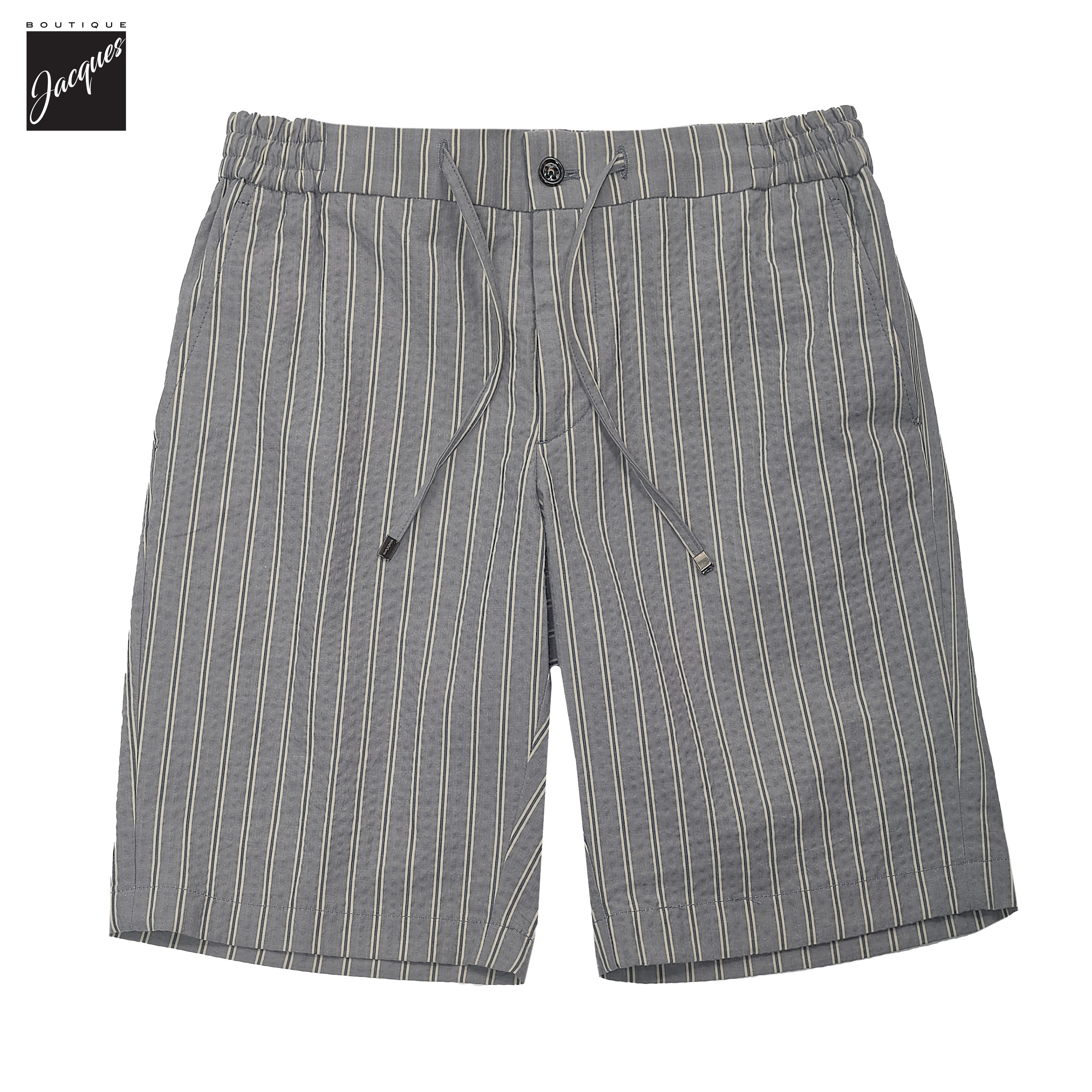 Gray Striped Seersucker Cotton Bermuda Shorts with Drawstrings - Berwich