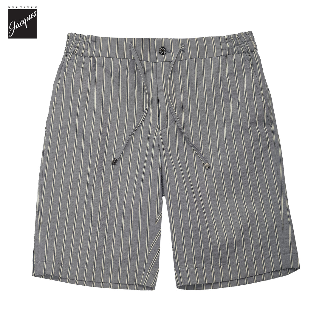 Gray Striped Seersucker Cotton Bermuda Shorts with Drawstrings - Berwich