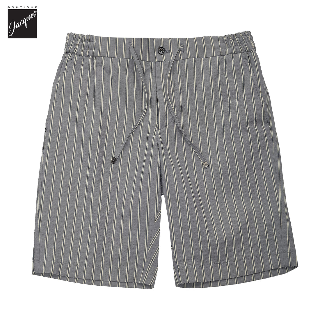 Gray Striped Seersucker Cotton Bermuda Shorts with Drawstrings - Berwich