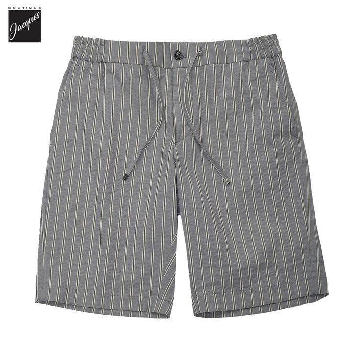Gray Striped Seersucker Cotton Bermuda Shorts with Drawstrings - Berwich