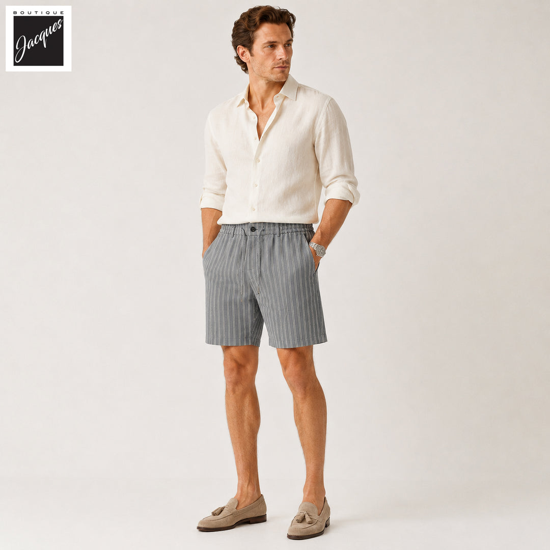 Gray Striped Seersucker Cotton Bermuda Shorts with Drawstrings - Berwich