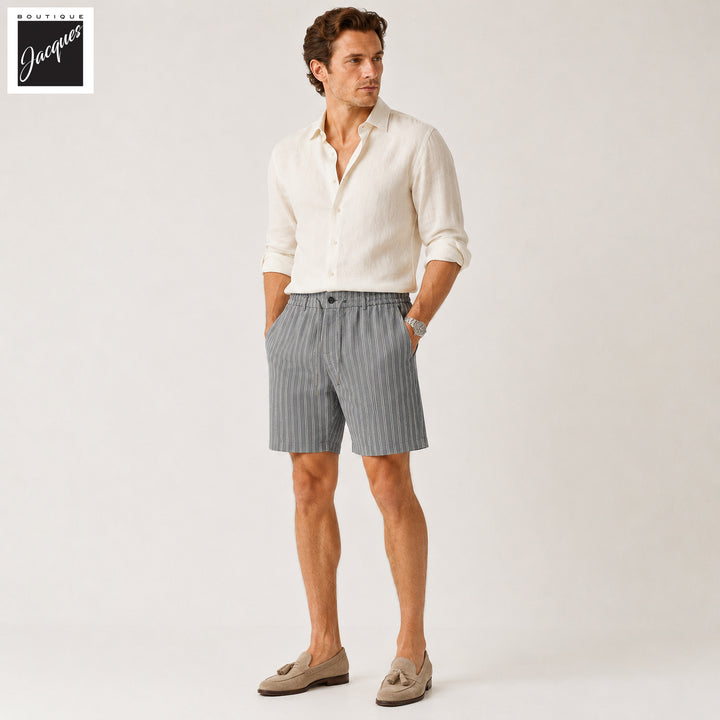 Gray Striped Seersucker Cotton Bermuda Shorts with Drawstrings - Berwich
