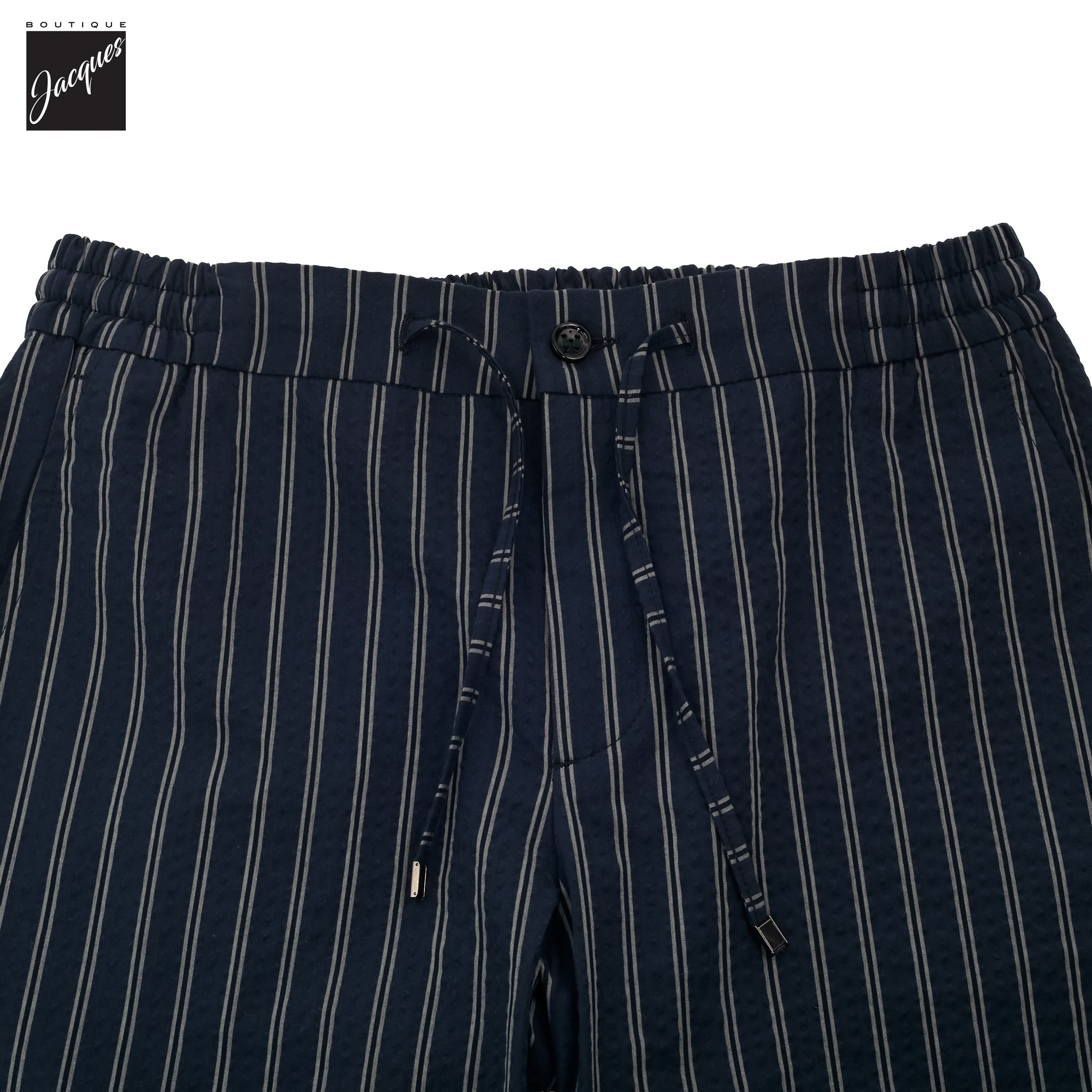 Navy Striped Seersucker Cotton Bermuda Shorts with Drawstrings - Berwich