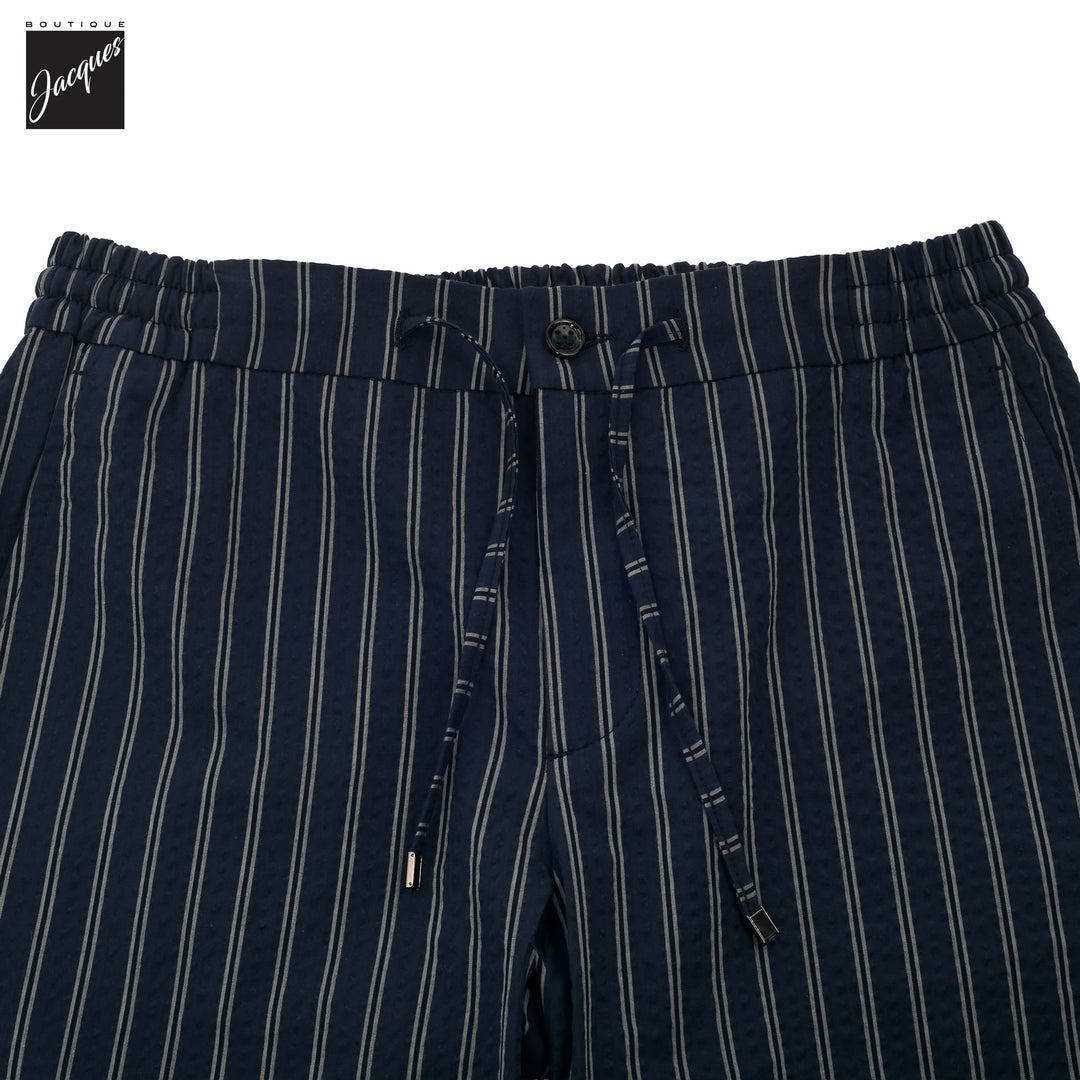 Navy Striped Seersucker Cotton Bermuda Shorts with Drawstrings - Berwich
