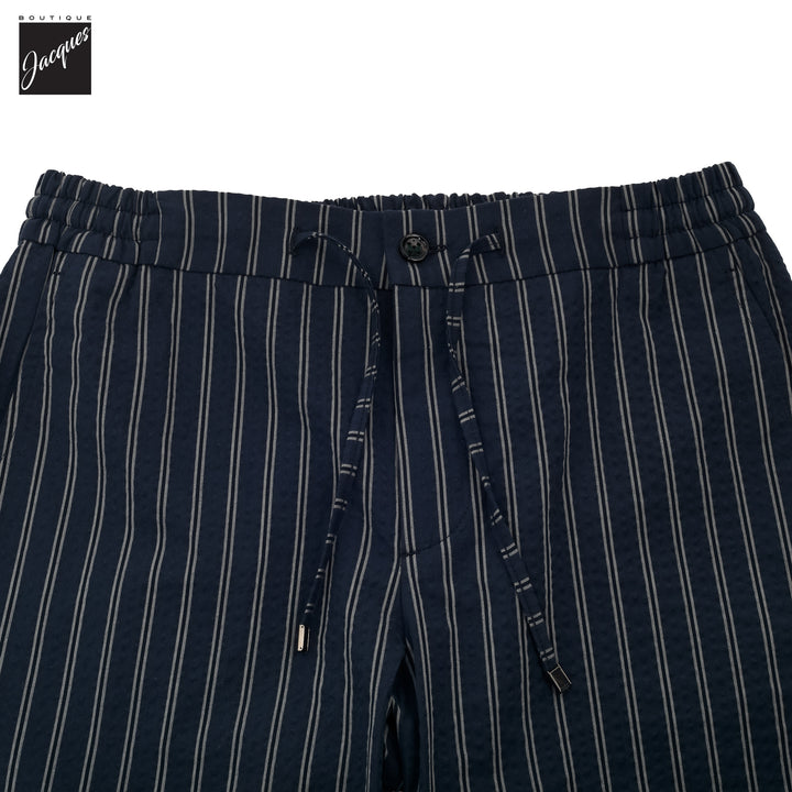 Navy Striped Seersucker Cotton Bermuda Shorts with Drawstrings - Berwich