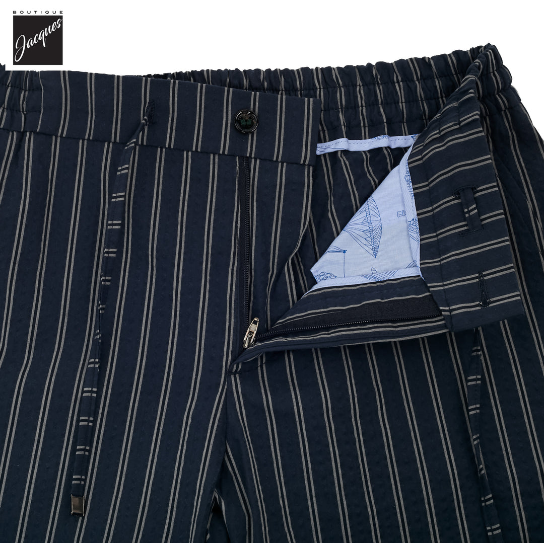 Navy Striped Seersucker Cotton Bermuda Shorts with Drawstrings - Berwich